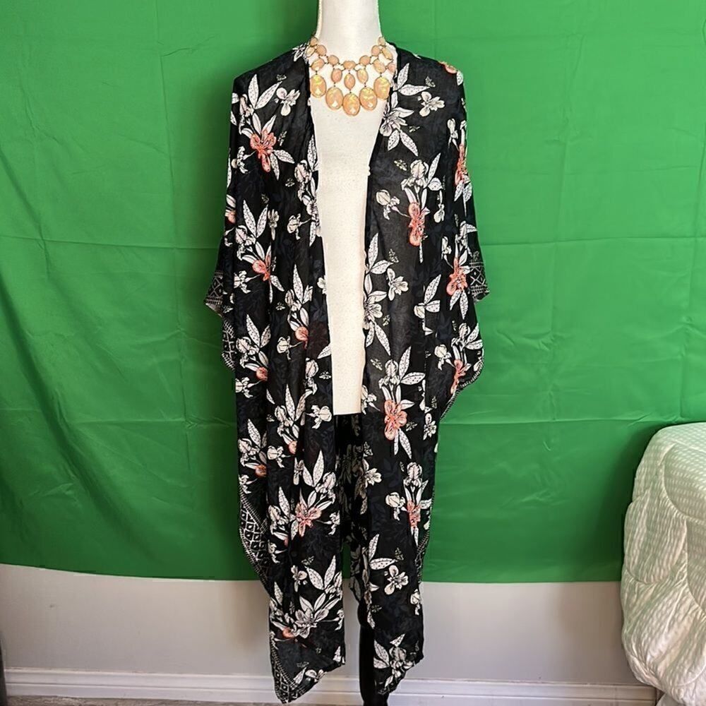 Lane Bryant Kimono Blue Floral Chiffon Open Lightweight Flowy Womens Size OS